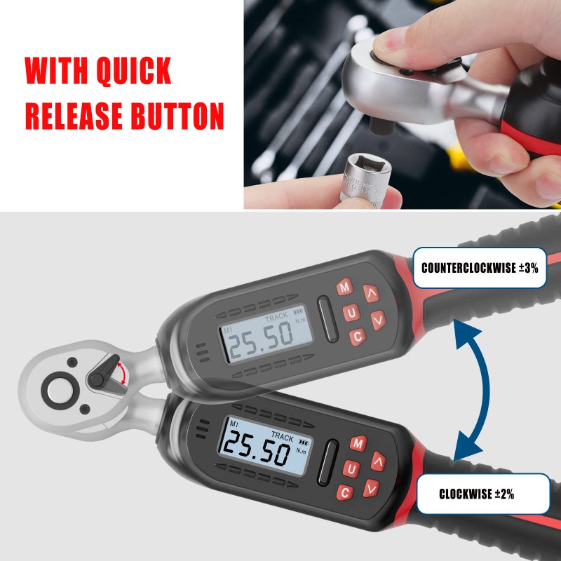 VANPO 1/4 Inch Digital Torque Wrench  1.1-22.1 Ft-lbs/1.5-30Nm  with Preset Values  2% Accuracy  Buzzer and LED Notification  Small Electronic Torque Wrench for Bicycles - Image 5